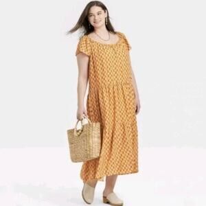 Knox Rose Women's Gold Yellow Flutter Sleeve Tiered Midi Dress Size XL